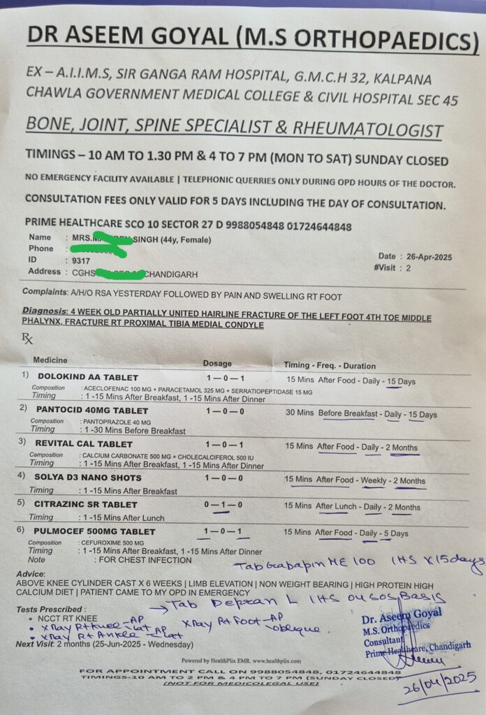 prescription given by dr aseem goyal orthopedics sector 27 chandigarh for recovery from bone fracture